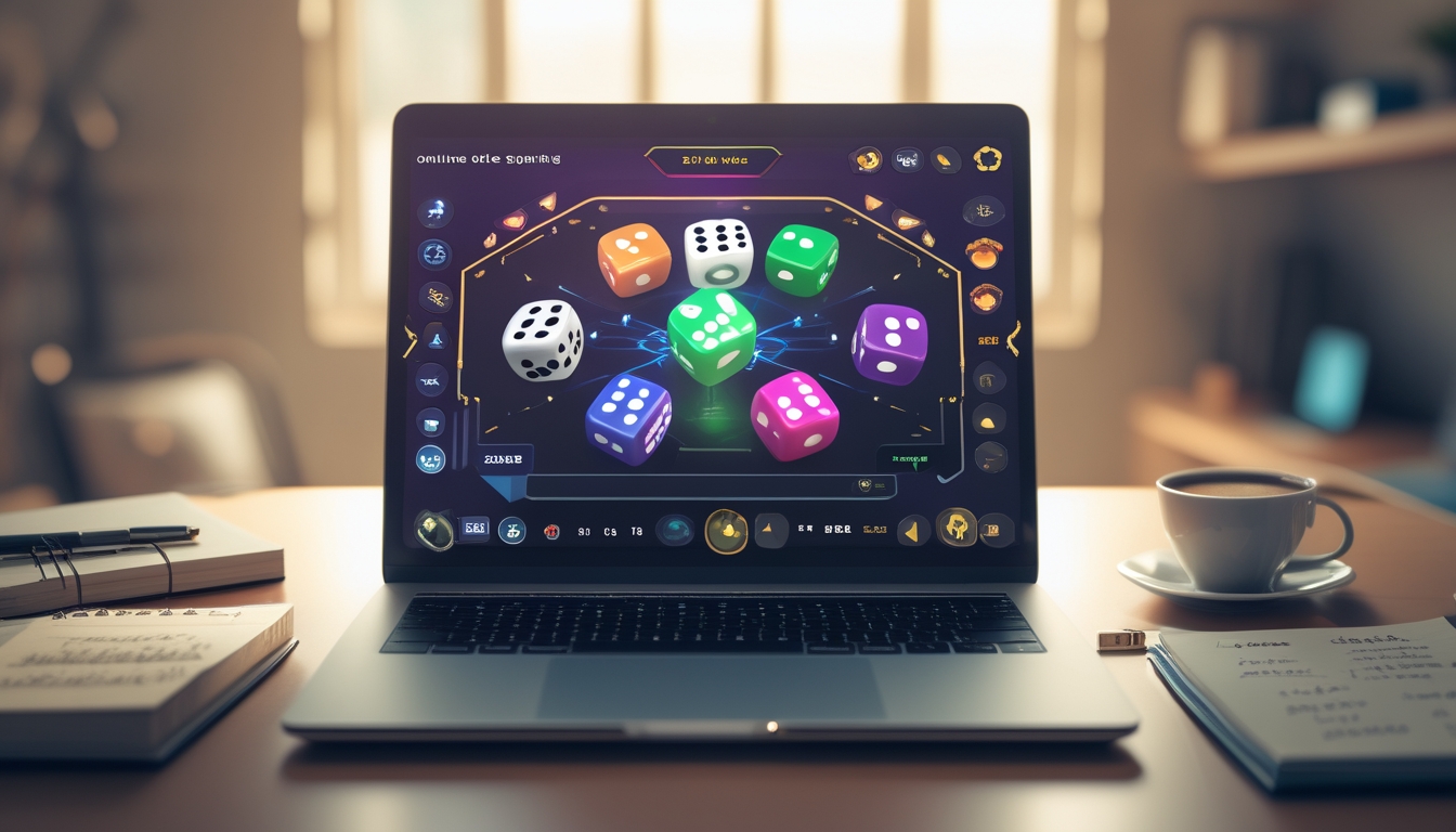 Seorang pemain sedang bermain permainan dadu online di laptop dengan meja kerja yang rapi dan alat tulis di sekitarnya.