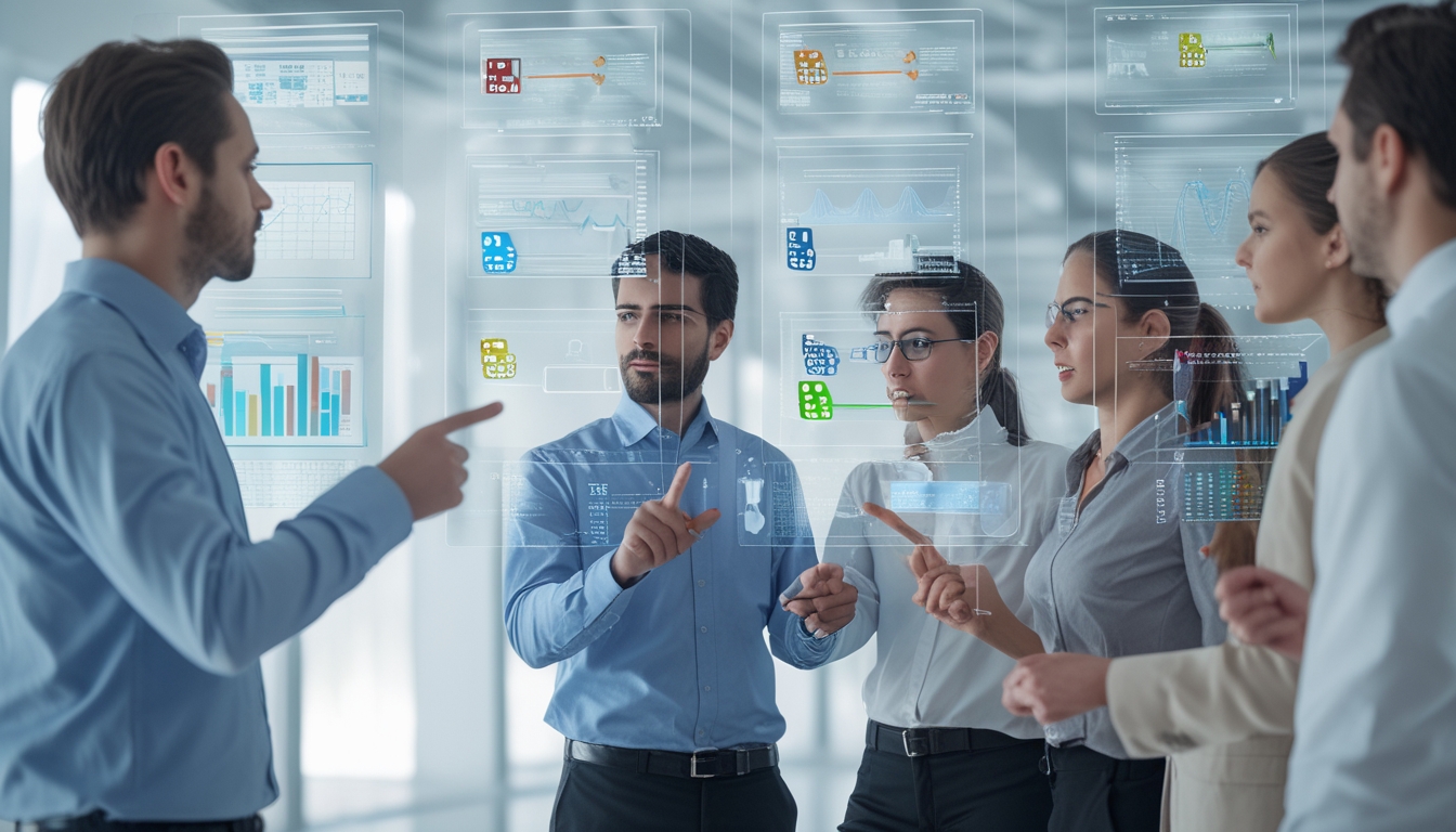 Beberapa profesional sedang menganalisis data pada layar digital yang menampilkan grafik dan ikon dadu online di sebuah kantor modern.