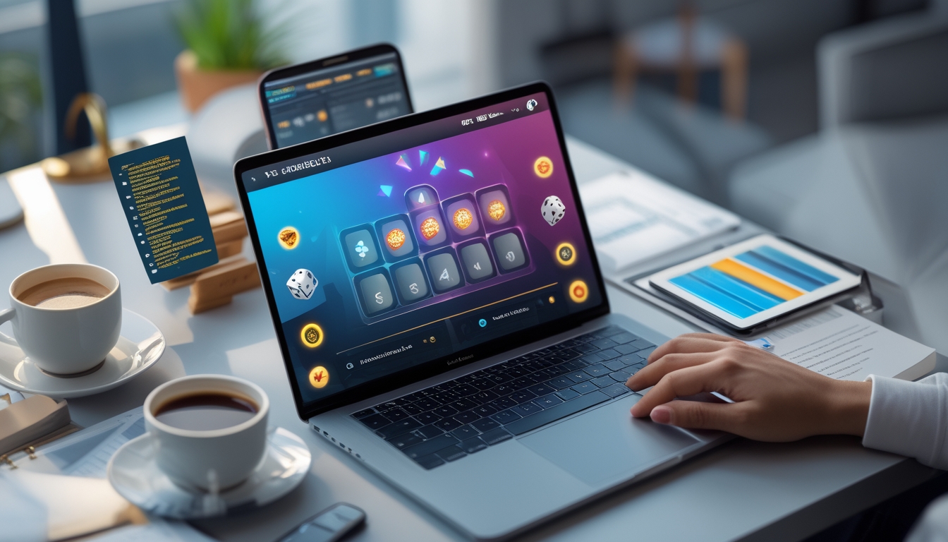 Seorang profesional menggunakan laptop dengan tampilan permainan dadu online di meja kerja yang rapi dan terang.
