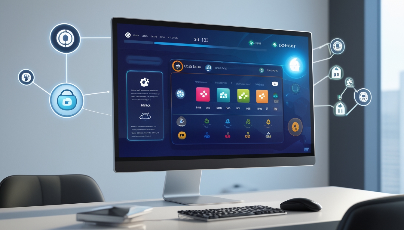 Sebuah ruang kerja digital modern dengan komputer yang menampilkan platform permainan dadu online dan simbol keamanan serta grafik yang menunjukkan fitur lengkap dan stabil.
