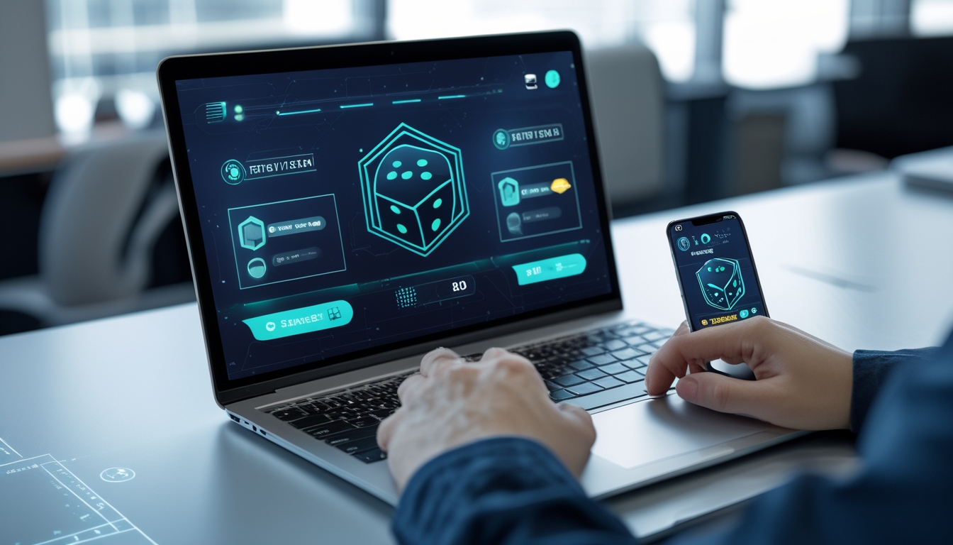 Seseorang menggunakan laptop dan ponsel dengan tampilan platform permainan dadu online dan sistem transaksi cepat.
