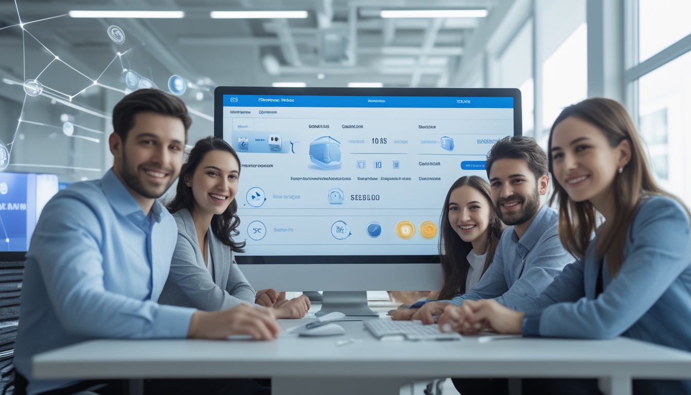 Beberapa profesional muda sedang menggunakan komputer dengan tampilan platform transaksi dadu online yang cepat dan praktis di kantor modern.