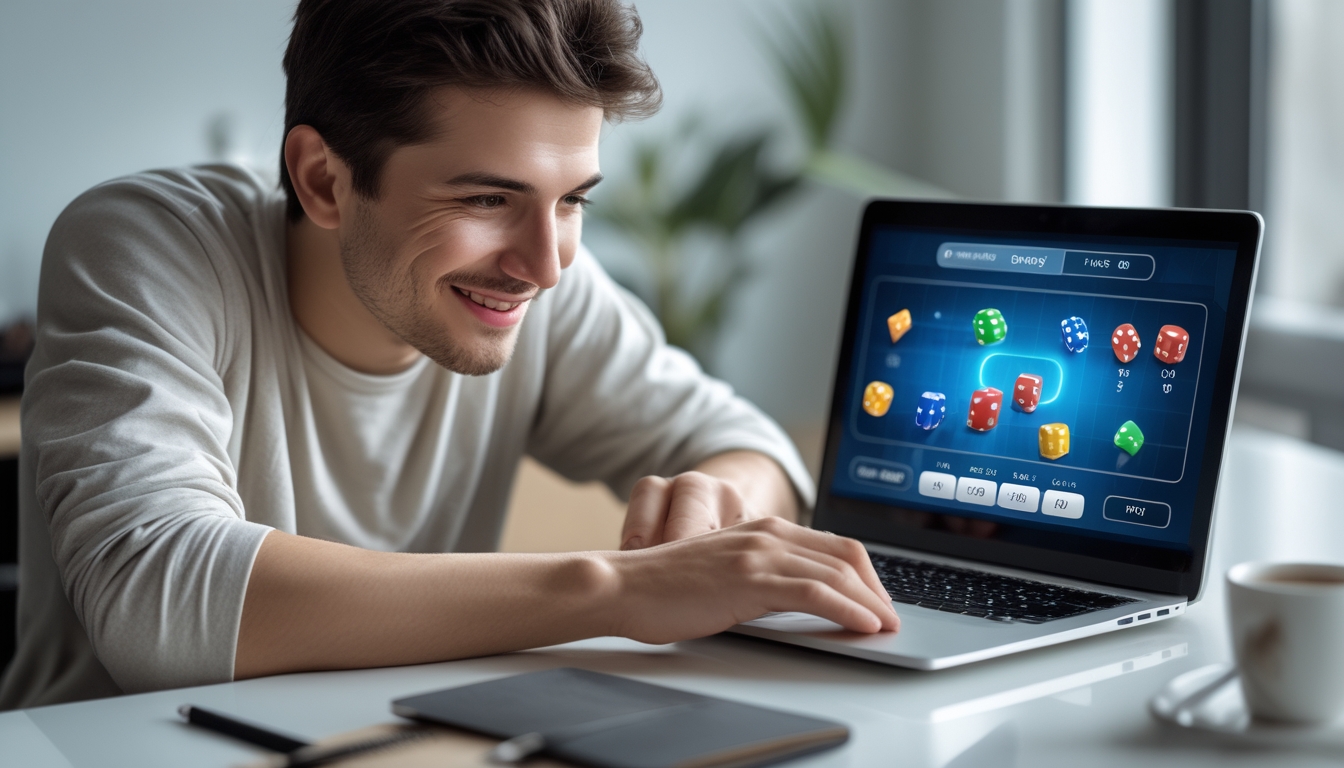 Seorang dewasa muda fokus bermain permainan dadu online di laptop di ruang kerja modern dengan cahaya alami.