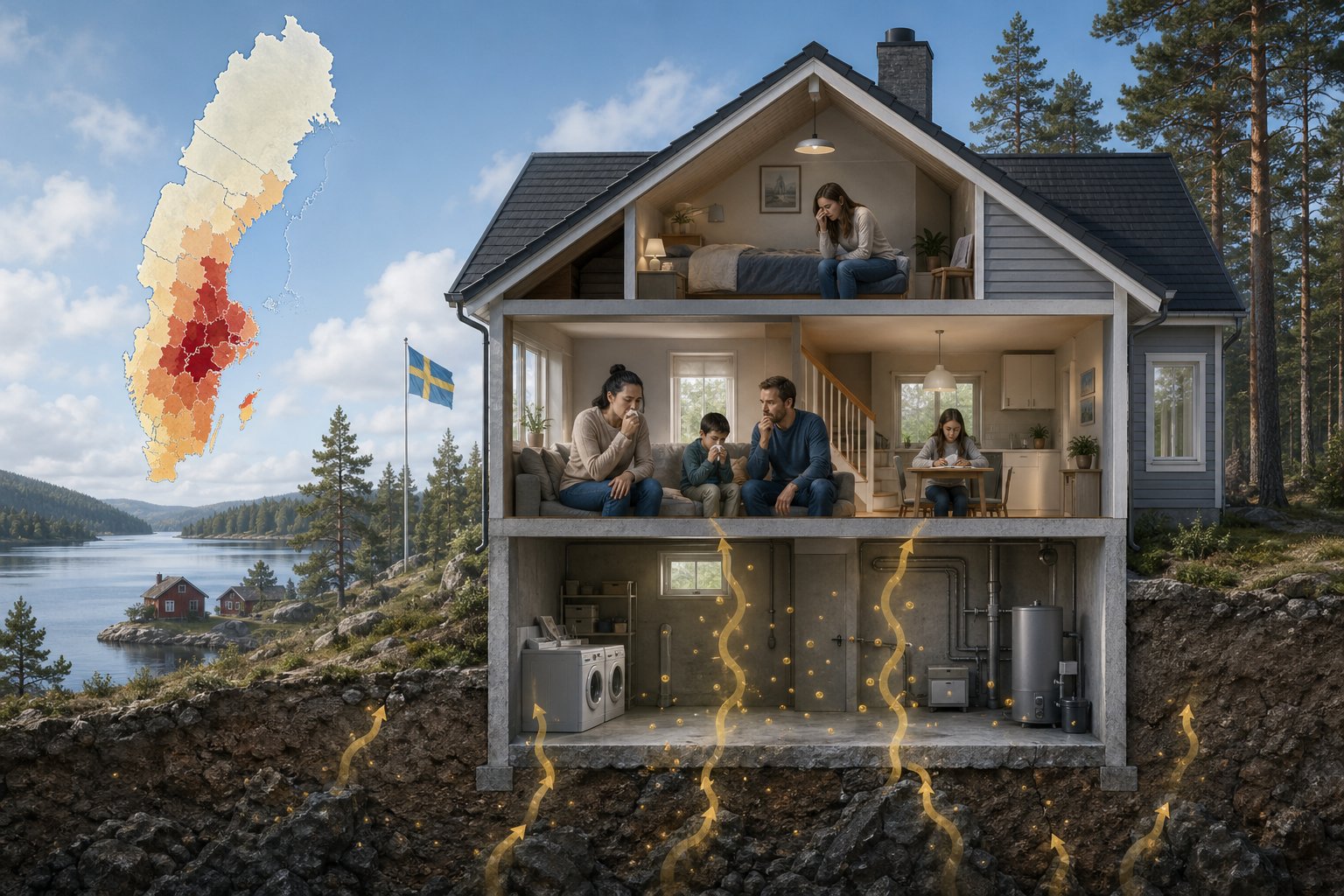 Tvärsnitt av ett svenskt hus där radongas tränger in från marken och påverkar en familjs hälsa, med en karta över Sverige i bakgrunden.