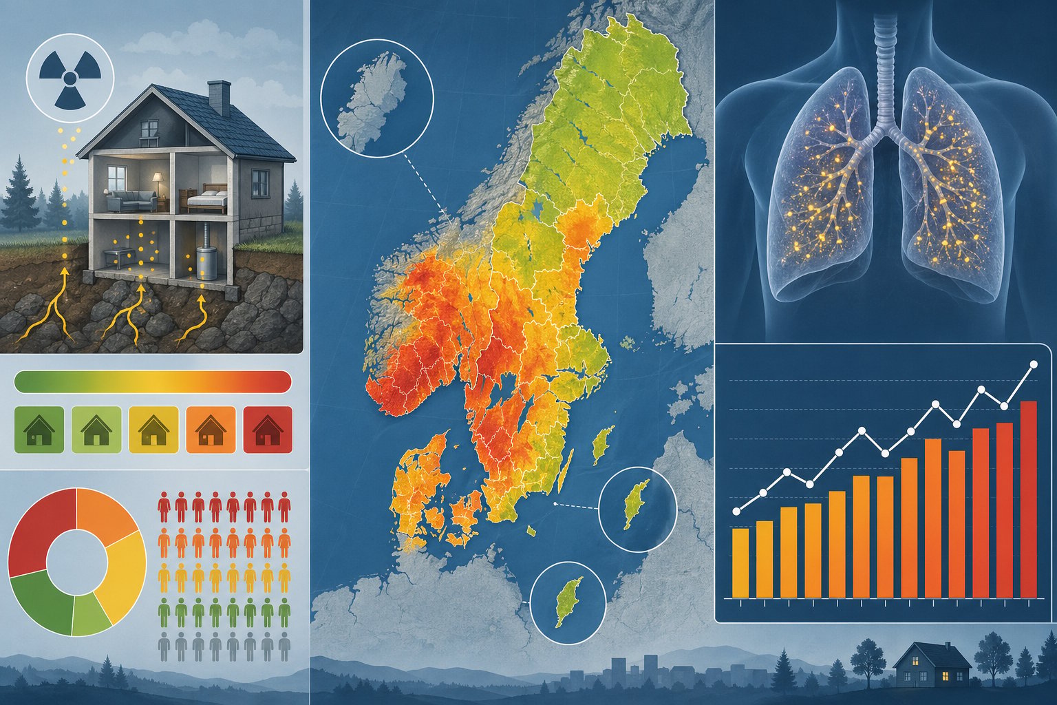 En illustration som visar en karta över Sverige med färgade områden som indikerar radonrisk och diagram som visar uppskattade dödsfall per år på grund av radon.