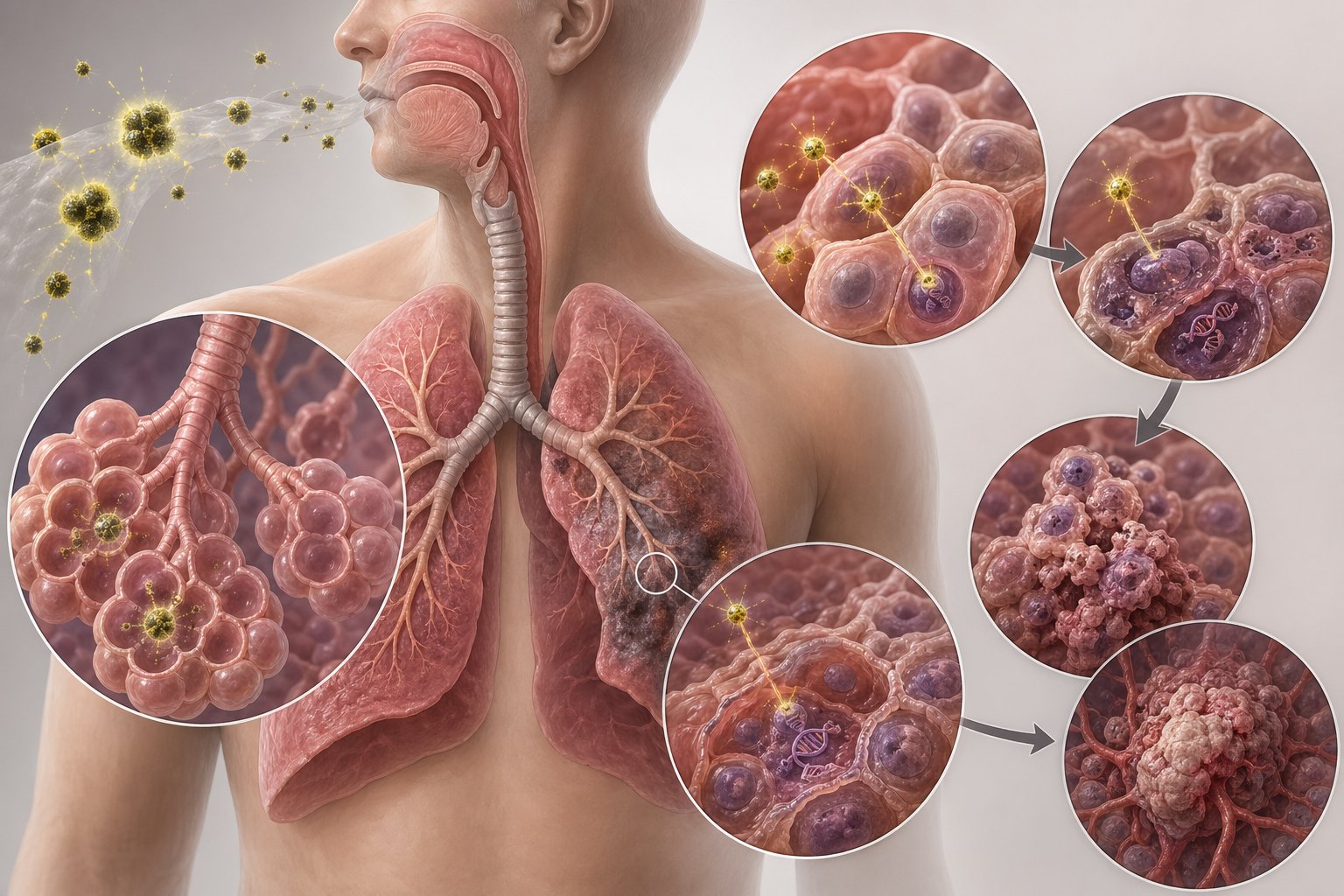 En detaljerad illustration av lungorna som visar hur radongas skadar lungvävnaden och kan orsaka lungcancer.