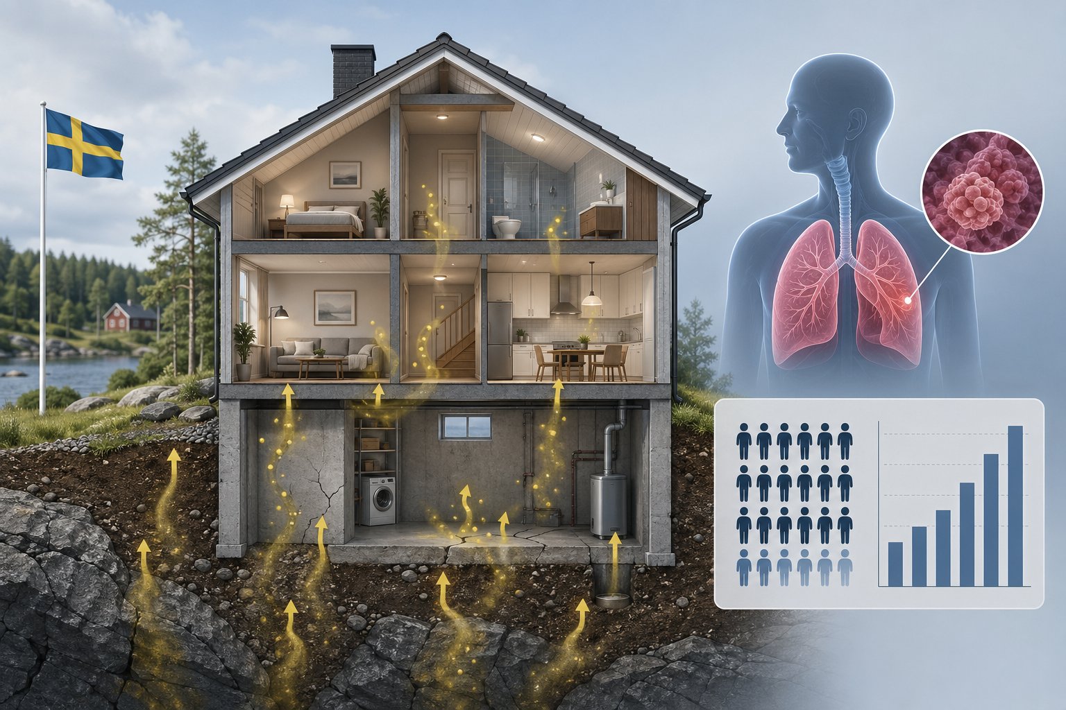 Tvärsnitt av ett hus som visar radongas som tränger in från marken under huset och en symbol för hälsopåverkan med en person och lungor.