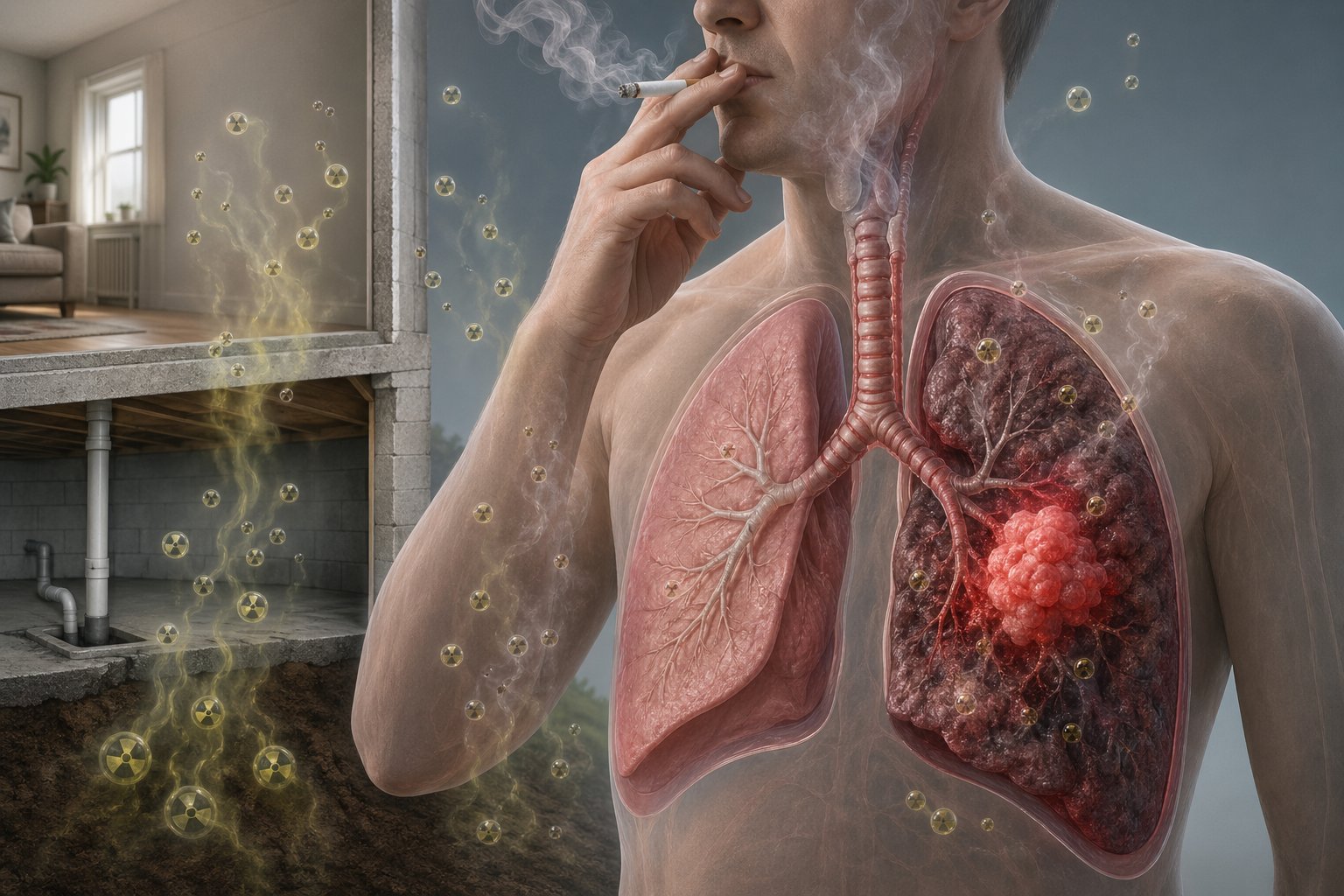 En illustration av en människas lunga med markeringar som visar lungcancer orsakad av radongas från marken och rökning.