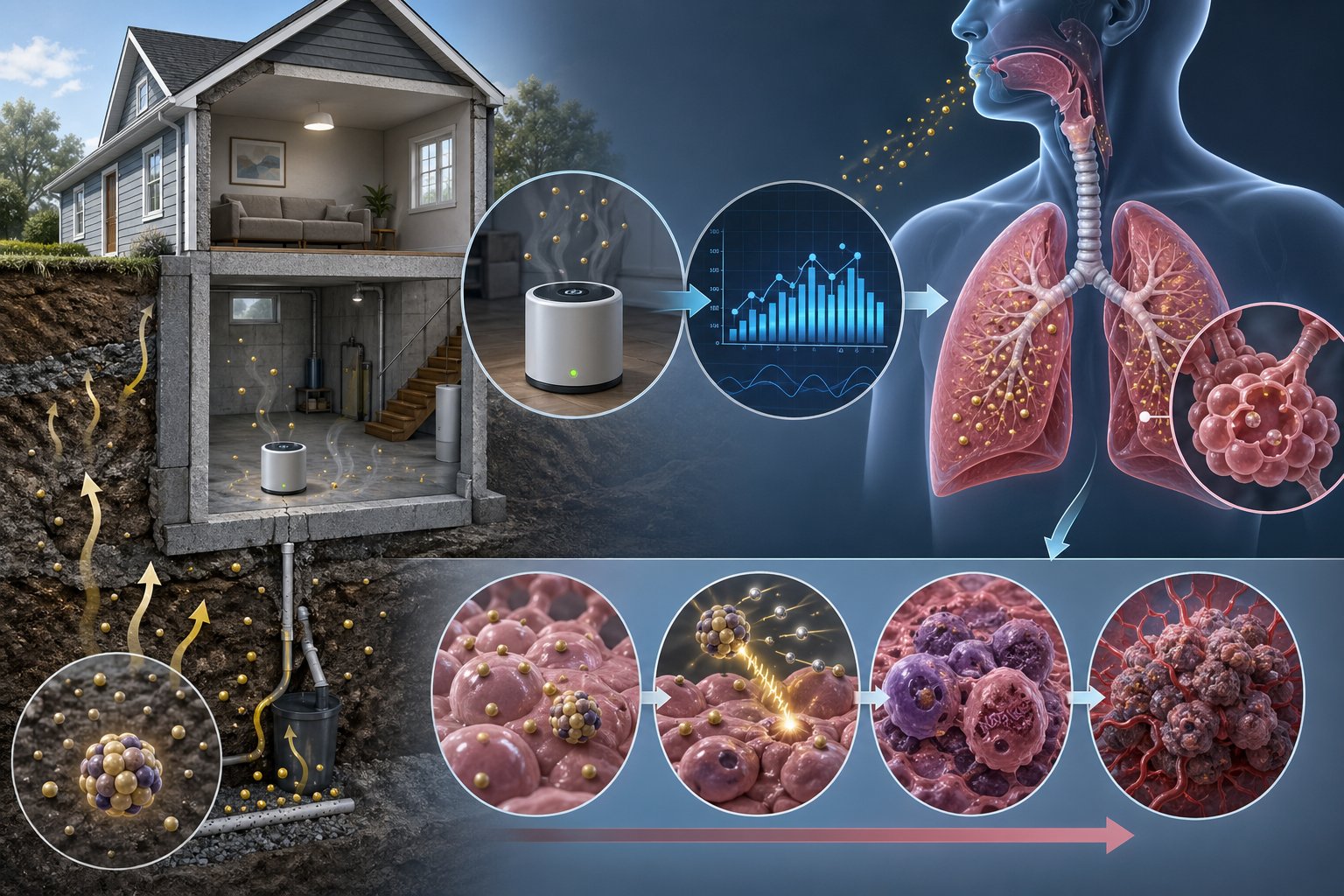 Illustration som visar radongas som tränger in i en husgrund och ett mätinstrument inomhus samt en bild av lungor där radon påverkar lungvävnaden.