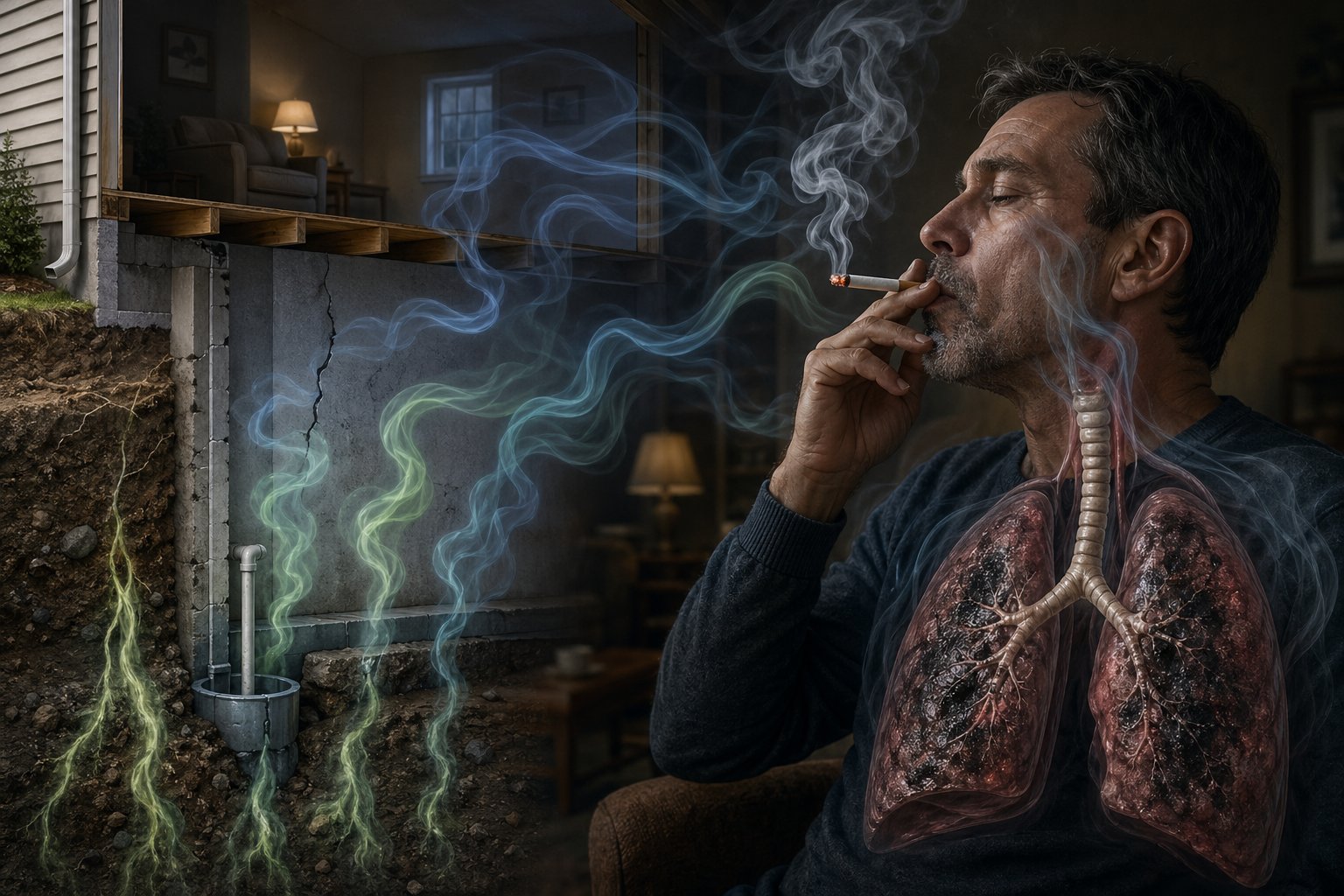 En illustration som visar radongas som stiger från marken under ett hus och en person som röker inomhus, med rök som blandas med radongasen.