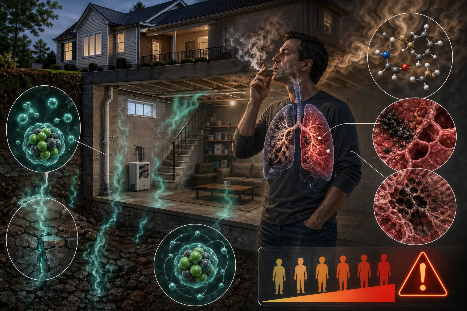 En illustration som visar en person som röker i en källare med radongas som stiger från marken, med en genomskinlig vy av personens lungor som visar skador orsakade av radon och rökning.