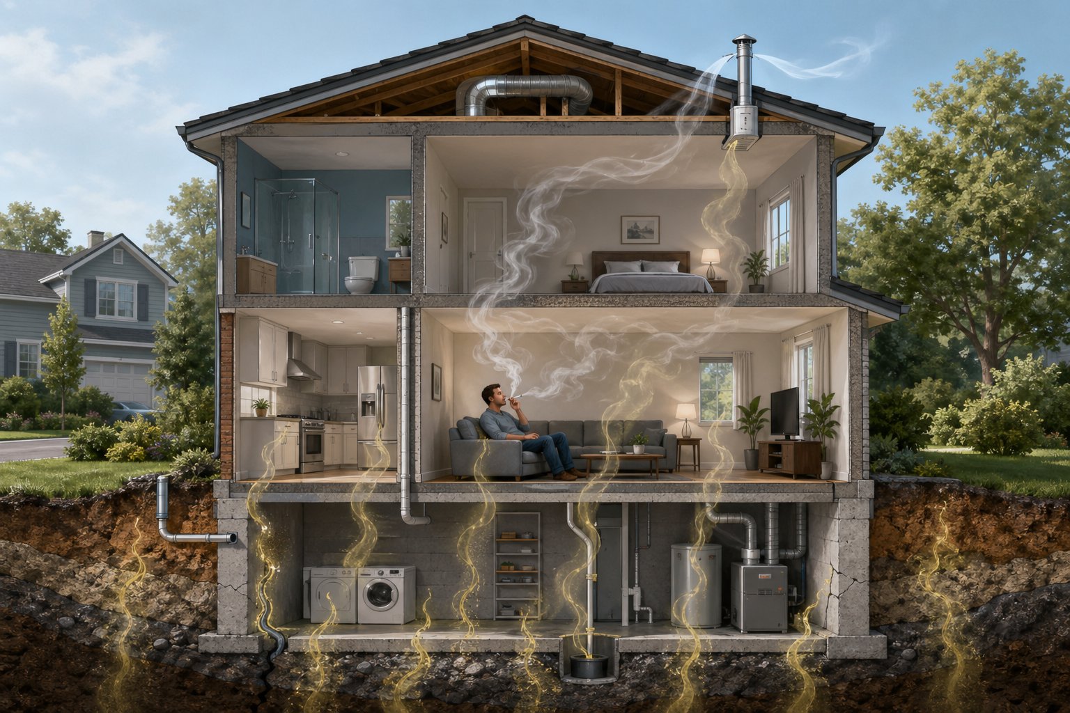 Tvärsnittsbild av ett hus med radon som stiger från marken under huset och en person som röker inomhus.