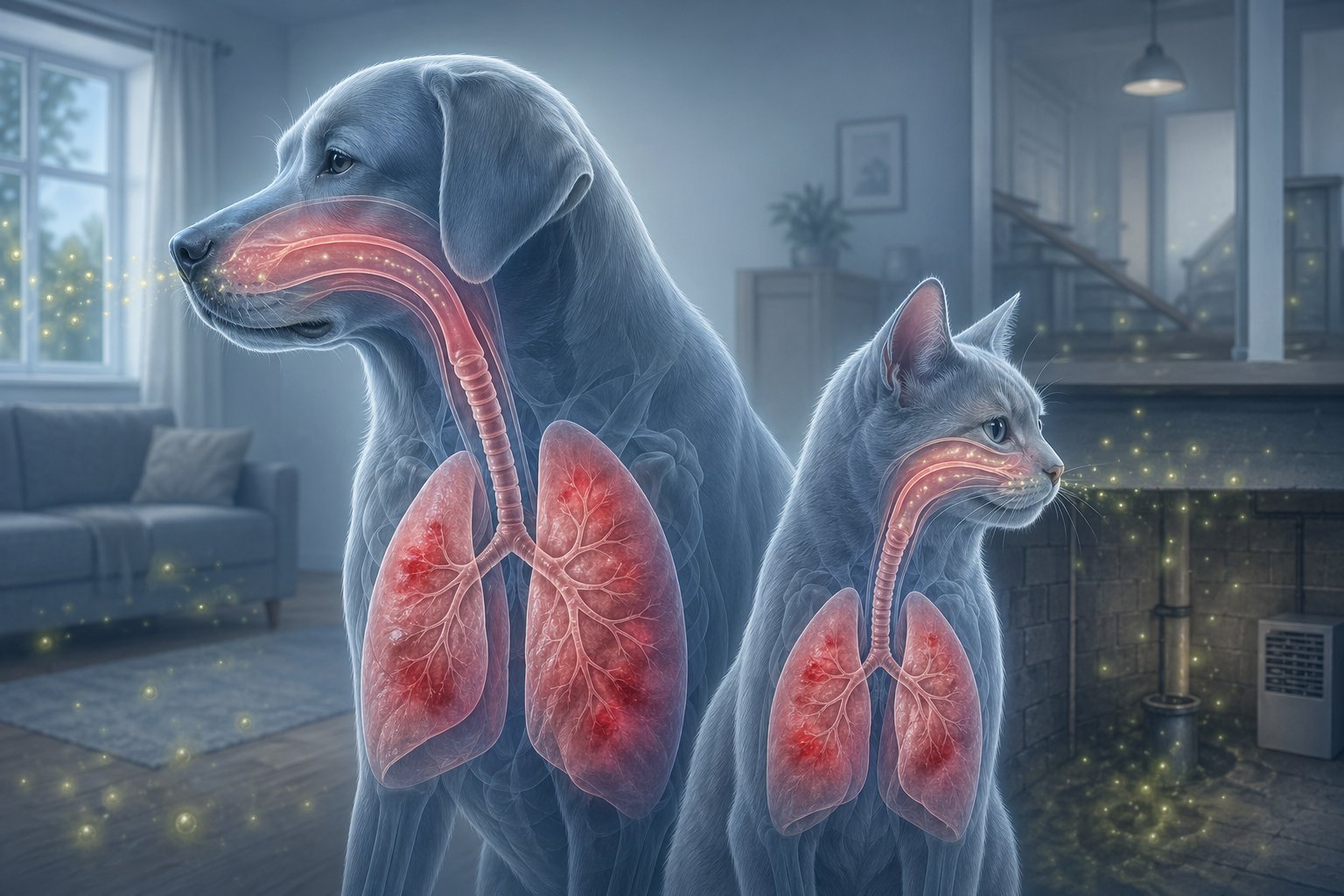 Illustration som visar hur radon påverkar luftvägar och lungor hos en hund och en katt i ett hem.