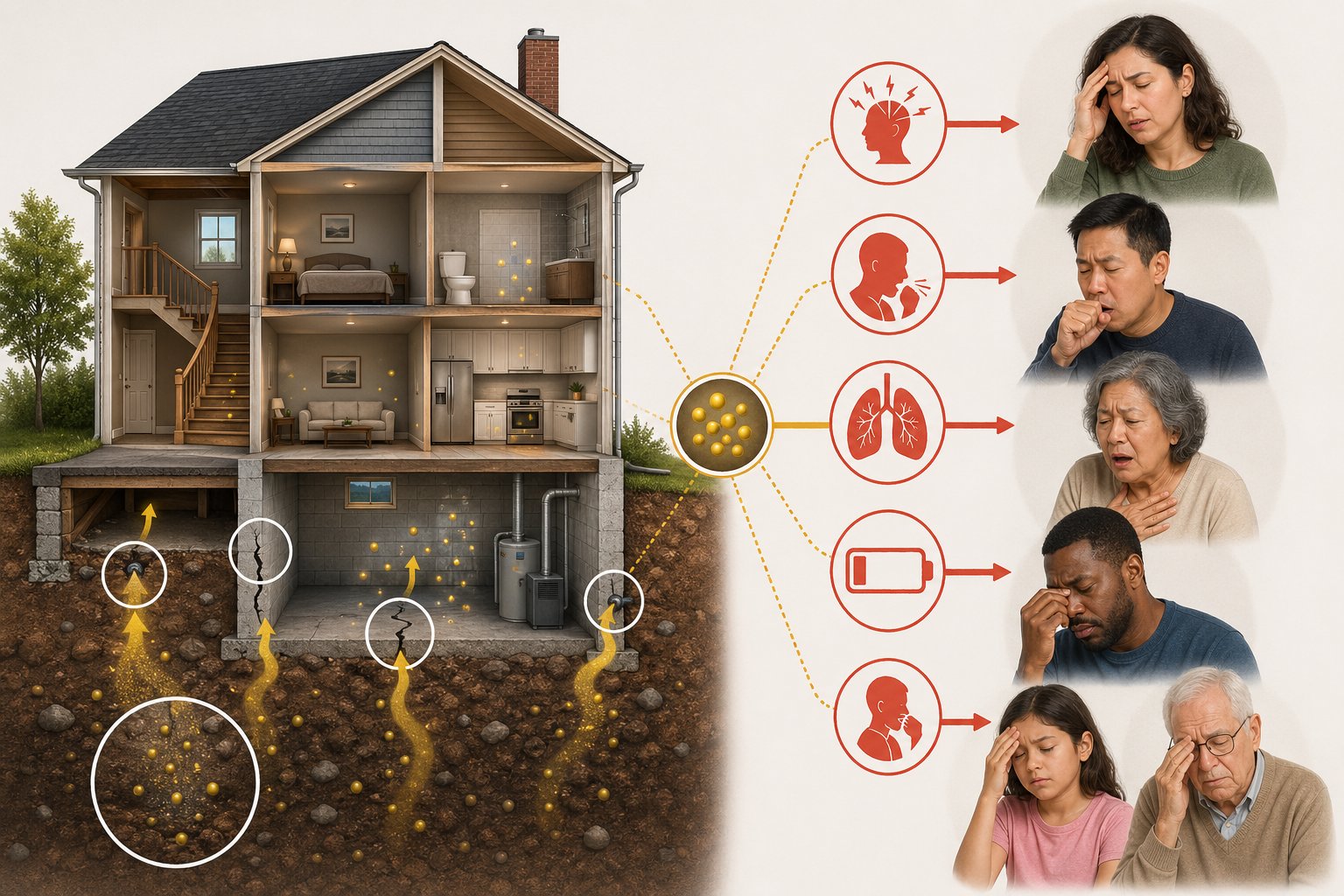Tvärsnittsbild av ett hus som visar var radon kommer in från marken och personer som uppvisar symtom som hosta och andfåddhet.
