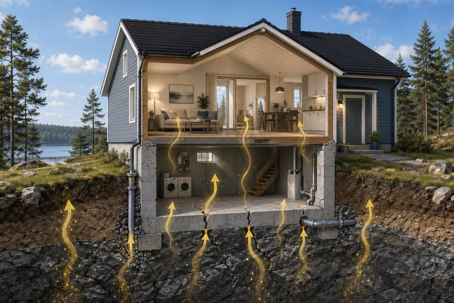 Tvärsnitt av ett svenskt hus som visar hur radon tränger in från marken genom sprickor i grunden och runt rör.