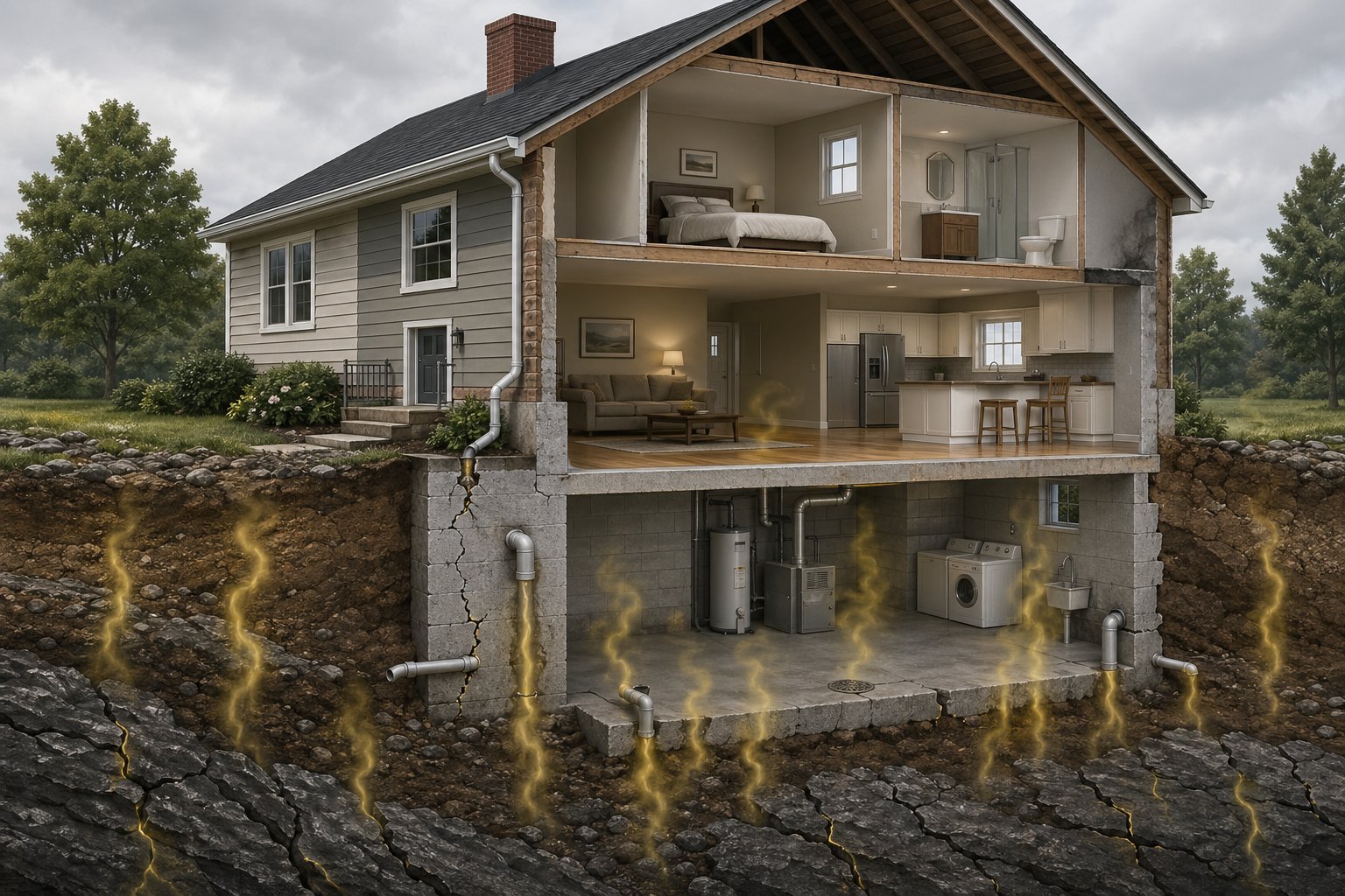 Tvärsnitt av ett hus som visar vanliga orsaker till förhöjda radonhalter, inklusive sprickor i grunden och dålig ventilation i källaren.