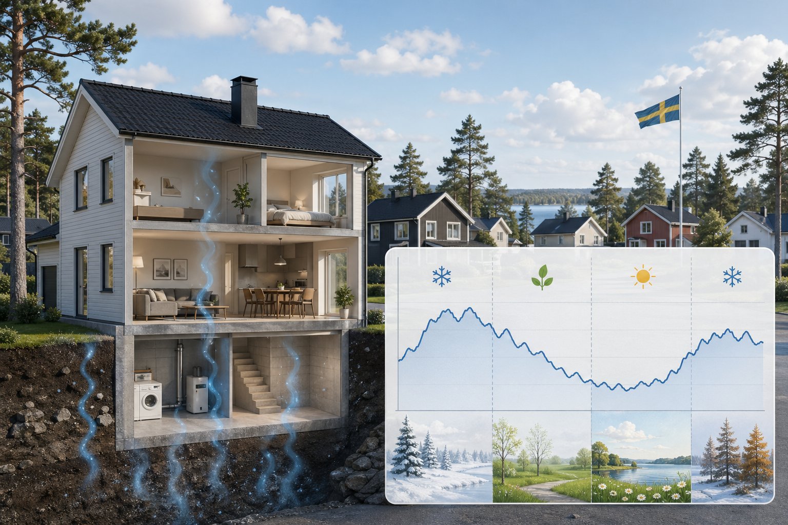 Illustration av ett svenskt hus med subtila blå vågor som visar radongas och en graf som visar radonnivåer över året, med svenska årstidsmarkörer i bakgrunden.