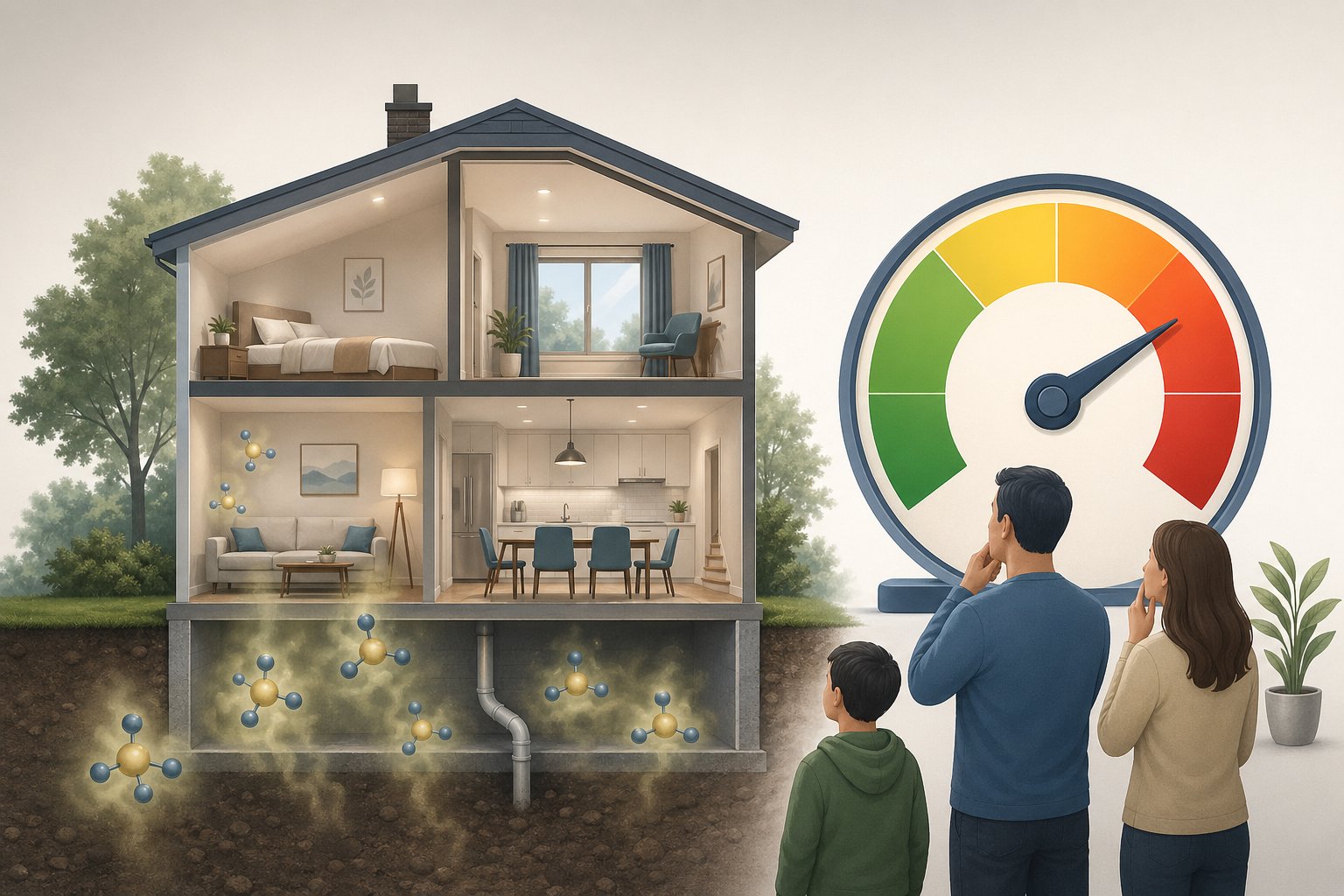Illustration av ett hem med en indikator som visar olika nivåer av radon i luften och människor som visar oro över hälsorisker.