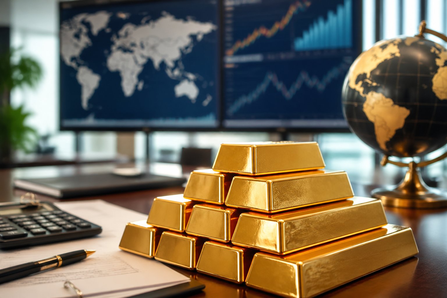 Close-up of stacked gold bars on a table with blurred world map and financial charts in the background, symbolizing economic stability and financial security.