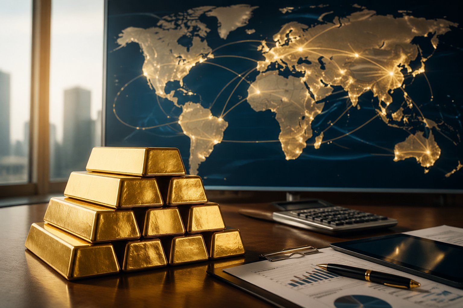 Close-up of stacked gold bars on a table with a world map and trade routes in the background, symbolizing global gold reserves and international trade.