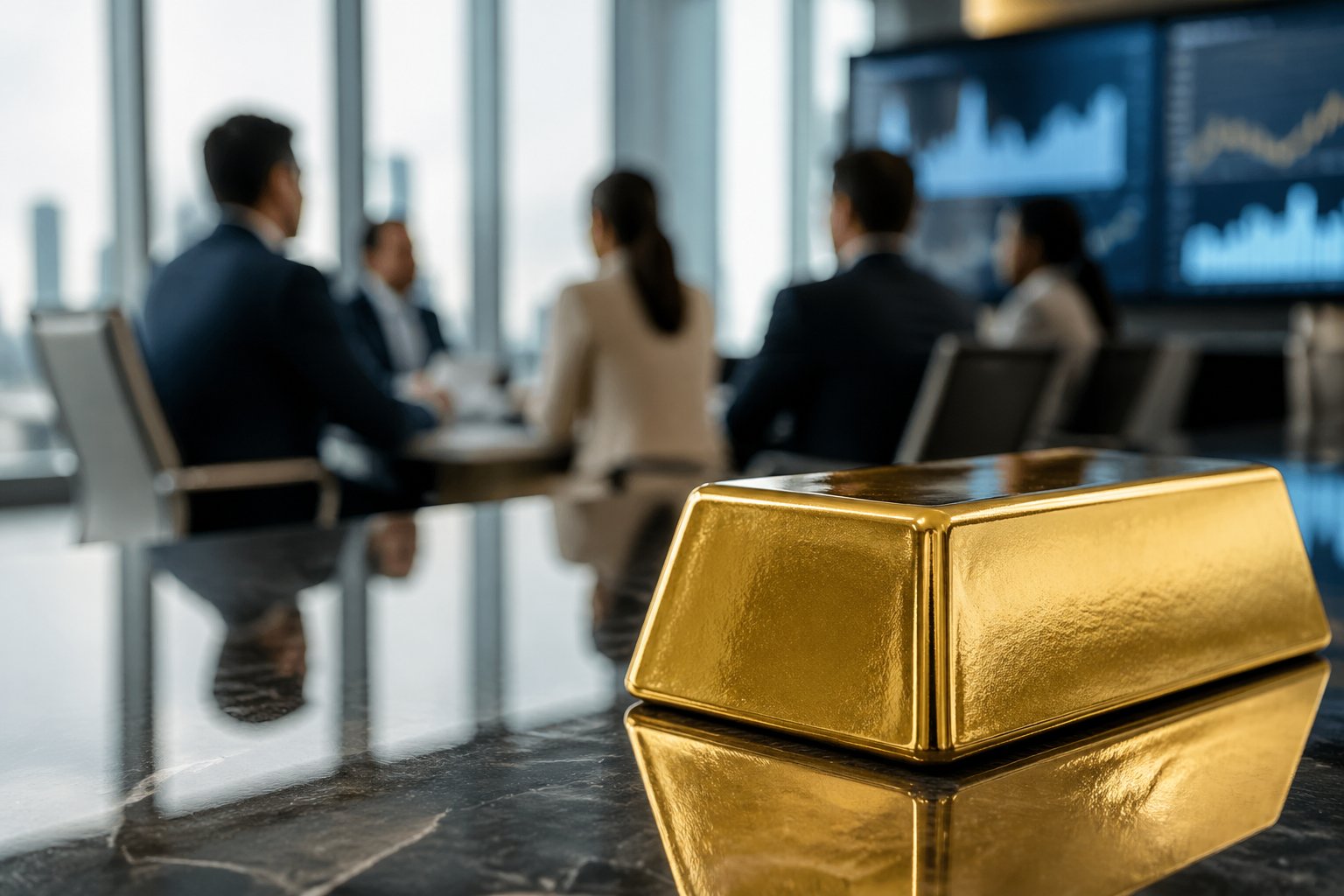 Close-up of a gold bar on a reflective surface with professionals discussing around a conference table in a modern office.