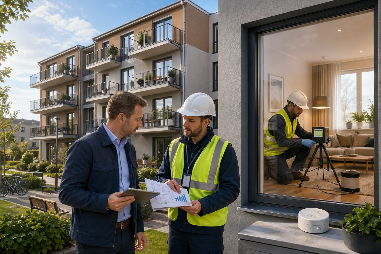 Tekniker mäter radon i en lägenhet i ett flerbostadshus medan en representant från bostadsrättsföreningen diskuterar resultatet med teknikern utanför lägenheten.