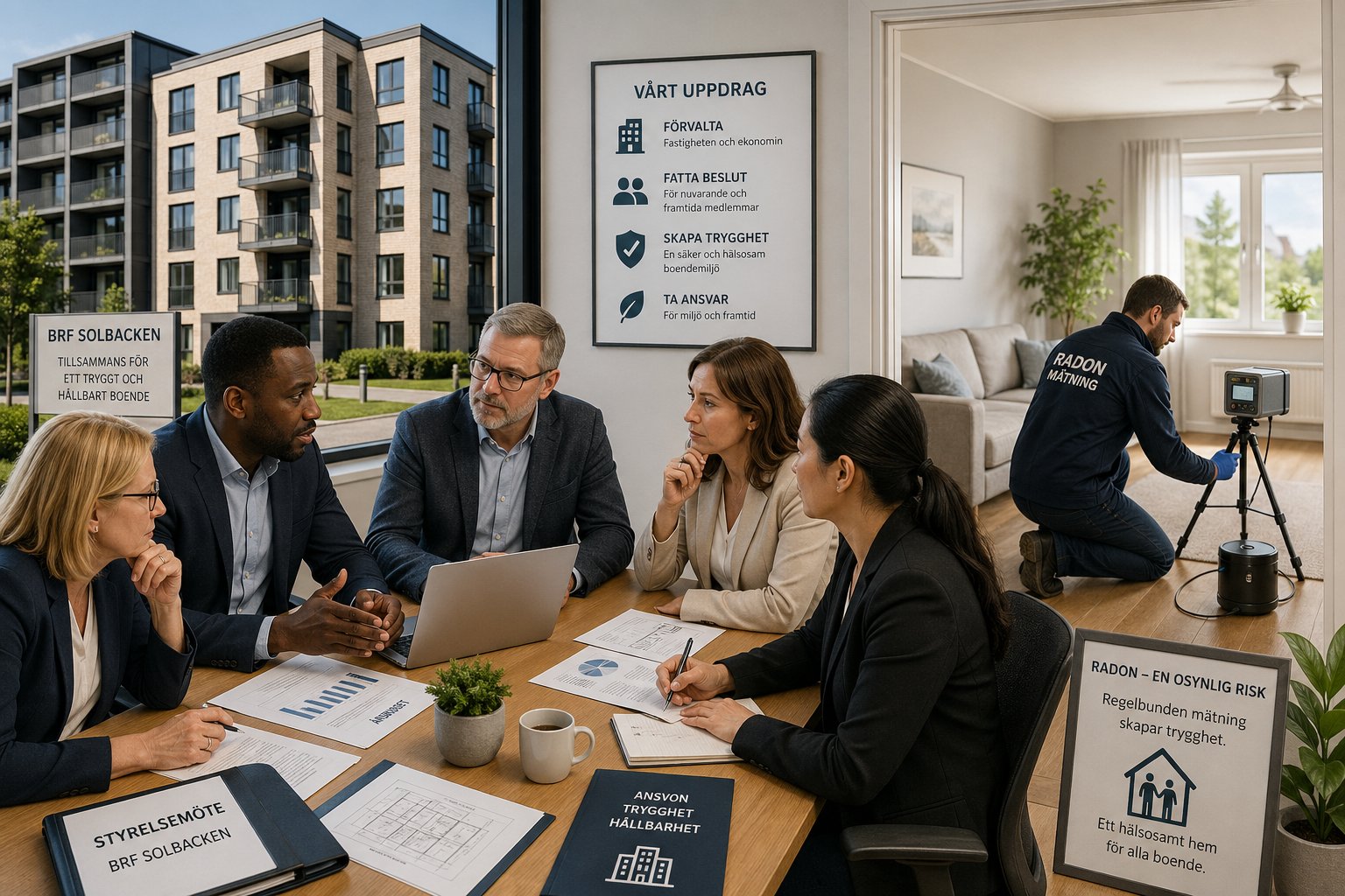 En grupp personer som diskuterar runt ett bord med dokument, medan en tekniker mäter radon i en lägenhet i ett flerbostadshus.