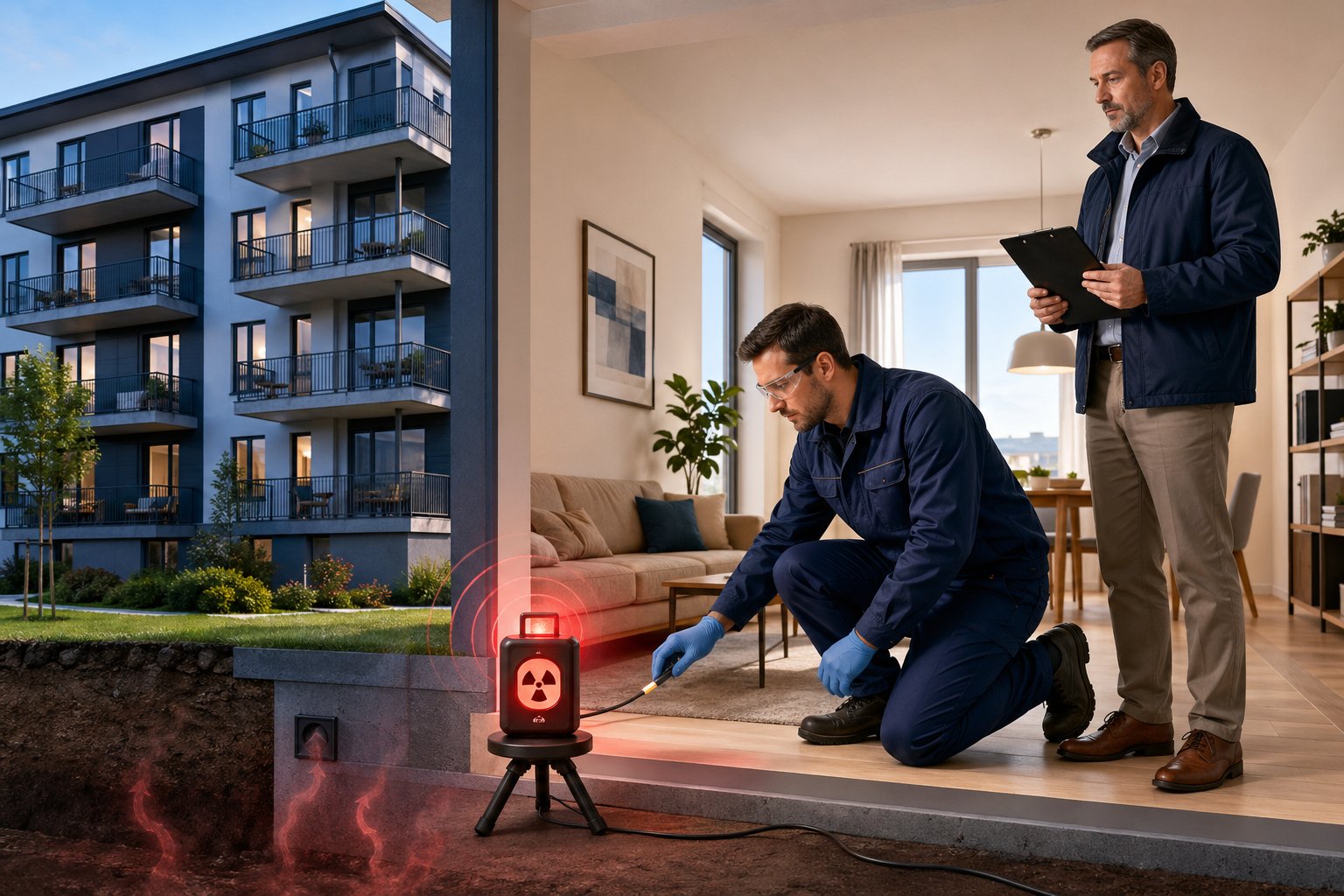 En tekniker mäter radon i en lägenhet i ett flerbostadshus medan en fastighetsansvarig övervakar processen.
