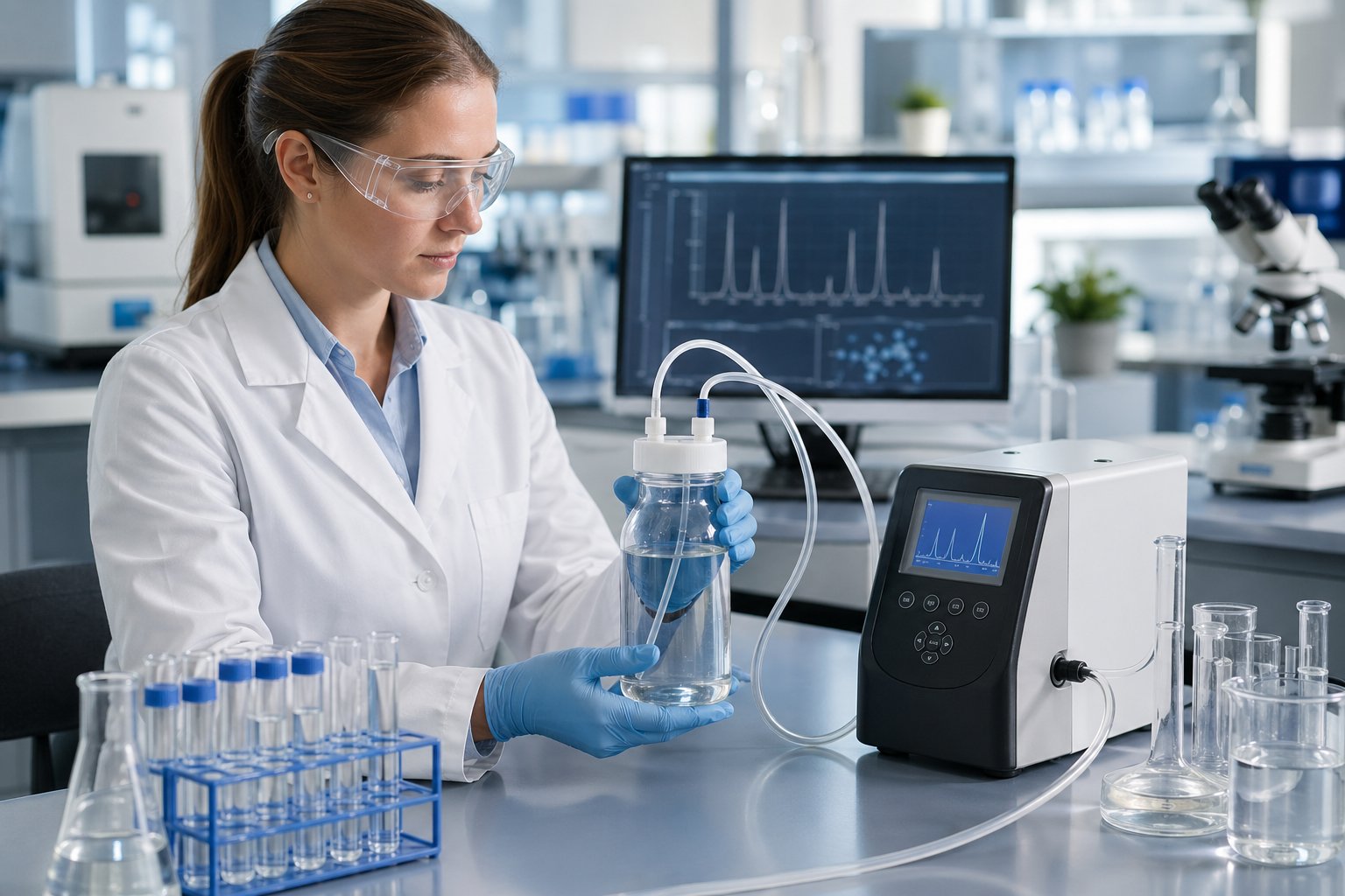 En forskare i ett laboratorium som mäter radon i ett vattenprov med hjälp av specialutrustning.