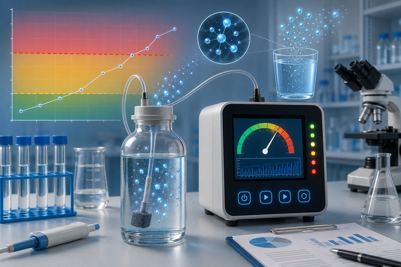 En laboratoriemiljö med en vattensample kopplad till en radondetektor och diagram som visar gränsvärden för radon i vatten.