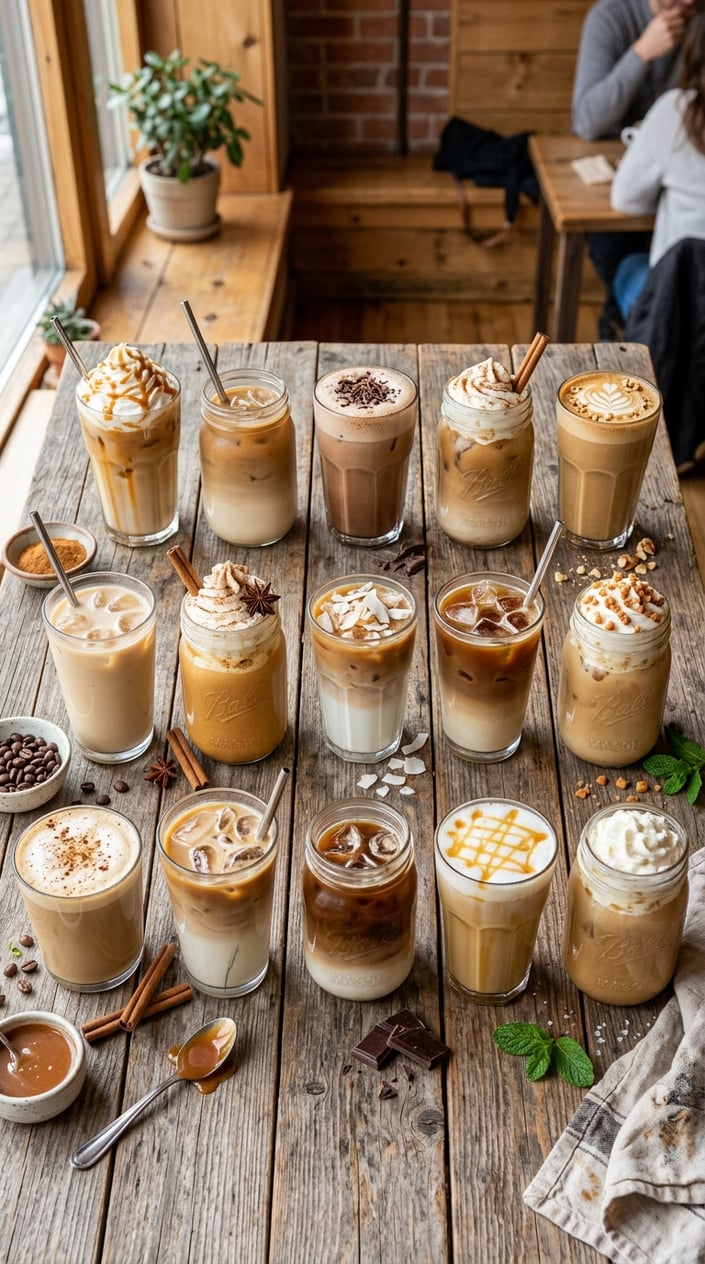 15 Iced Latte Variations That Taste Like a Coffee Shop Splurge 1 Fifteen iced latte variations arranged on a wooden table, each with distinct layering, toppings, and garnishes ranging from caramel drizzle to cardamom dust and orange zest.