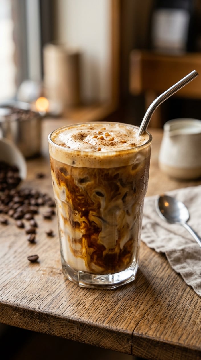 15 Iced Latte Variations That Taste Like a Coffee Shop Splurge 2 A glass of iced latte with a warm caramel-brown sugar layer visible through the glass, double-shot espresso poured over top, wooden table with blurred coffee props in the background.