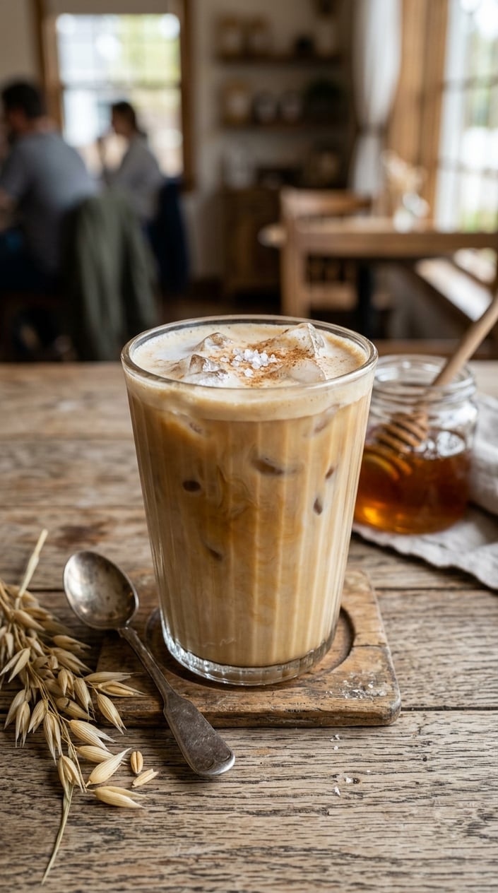 15 Iced Latte Variations That Taste Like a Coffee Shop Splurge 4 A clear glass of iced honey oat milk latte with visible ice cubes and a light dusting of flaky sea salt on top, honey jar and dried oat stalks arranged beside it on a wooden table.