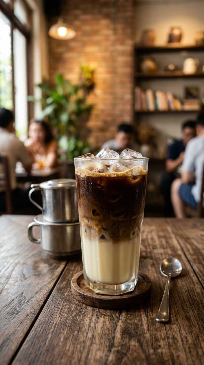 15 Iced Latte Variations That Taste Like a Coffee Shop Splurge 5 A tall glass of Vietnamese iced latte showing a distinct layered gradient from dark coffee at the top to creamy white condensed milk at the bottom, set on a wooden table.