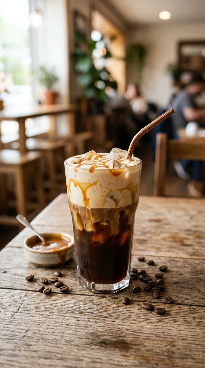 15 Iced Latte Variations That Taste Like a Coffee Shop Splurge 6 A glass of iced caramel latte with a thick cloud of salted cold foam sitting above the milk line, caramel drizzle spiraling over the foam, coffee beans scattered on the wooden table beside it.