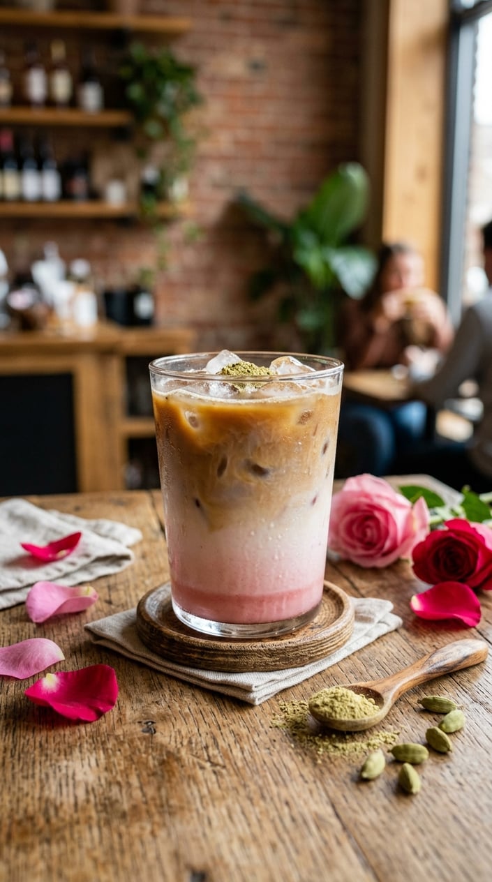 15 Iced Latte Variations That Taste Like a Coffee Shop Splurge 8 A glass of pale pink iced latte with ice cubes, a dusting of ground cardamom on top, fresh rose petals and whole cardamom pods arranged around the base of the glass on a wooden surface.