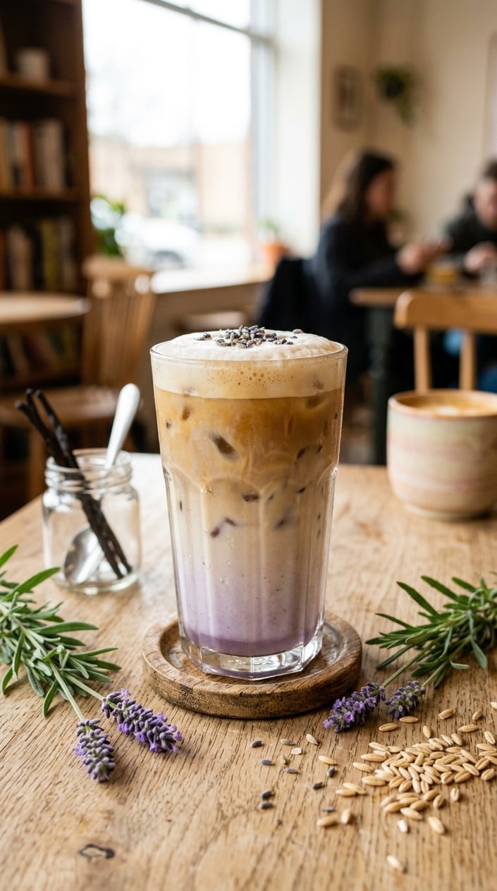 15 Iced Latte Variations That Taste Like a Coffee Shop Splurge 9 A glass of pale purple-tinted iced latte with oat milk and ice, fresh lavender sprigs and split vanilla beans resting on the wooden table beside it.
