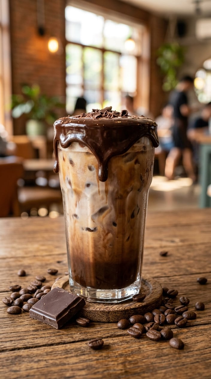 15 Iced Latte Variations That Taste Like a Coffee Shop Splurge 10 A tall glass of iced mocha with a deep brown chocolate layer visible through the glass, a shard of dark chocolate resting against the rim, coffee beans placed on the wooden surface beside it.