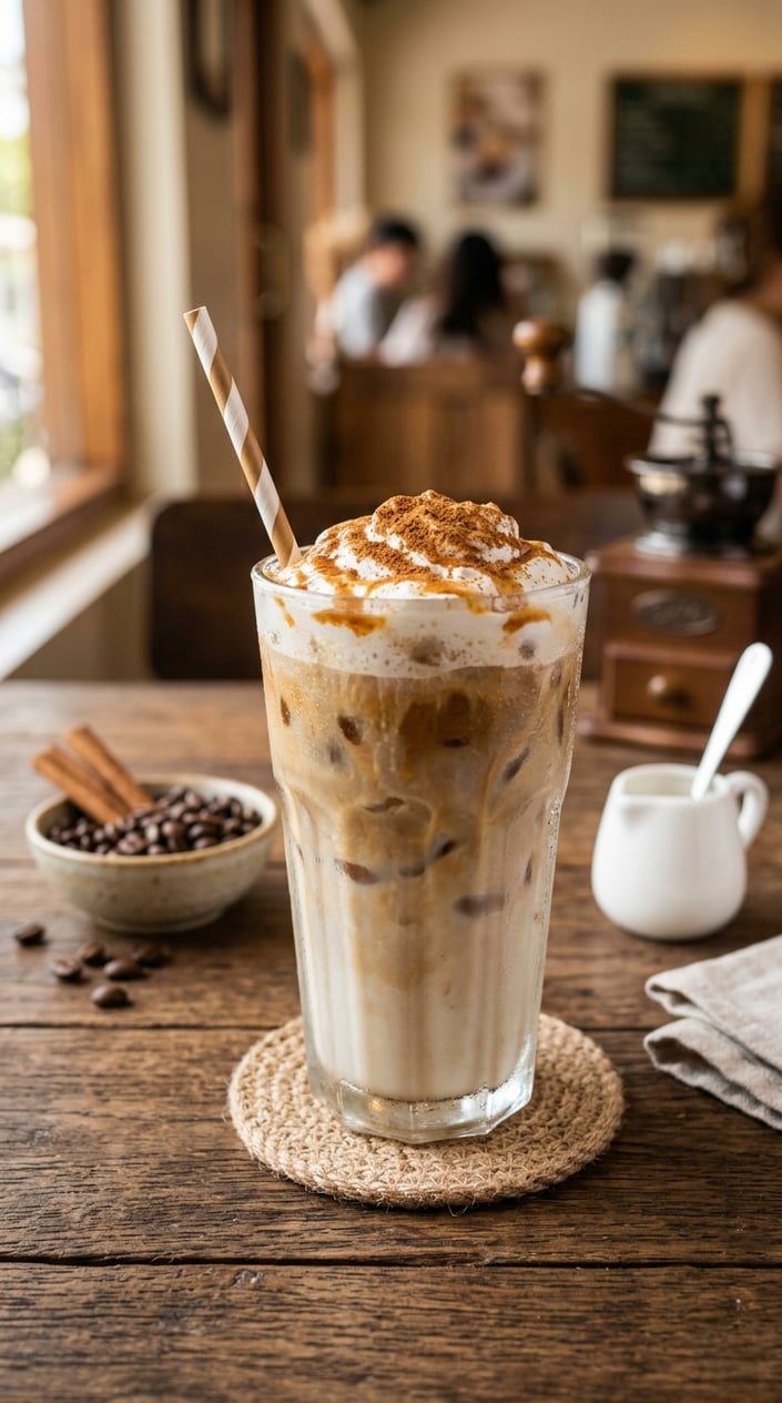 15 Iced Latte Variations That Taste Like a Coffee Shop Splurge 11 A glass of iced latte with a visible spiced brown layer of toasted cinnamon sugar dusted across the top, a cinnamon stick resting against the glass on a wooden table with a softly blurred café background.