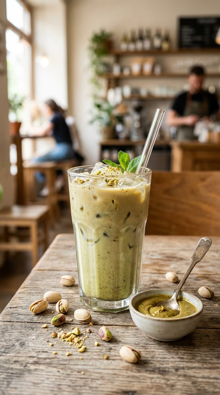 15 Iced Latte Variations That Taste Like a Coffee Shop Splurge 12 A glass of pale green iced pistachio latte over ice, a small bowl of smooth pistachio paste and a handful of shelled roasted pistachios arranged on the wooden table alongside it.