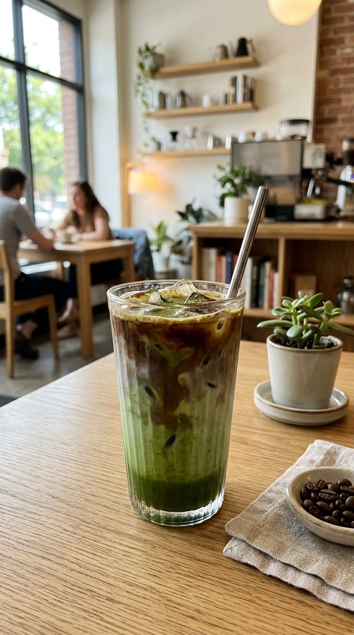 15 Iced Latte Variations That Taste Like a Coffee Shop Splurge 13 A tall glass of iced dirty matcha latte showing a distinct layered gradient from bright green matcha at the top to pale milk below, ice cubes visible through the glass, wooden table with a blurred café background.