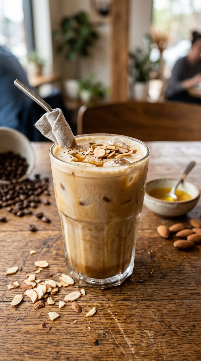 15 Iced Latte Variations That Taste Like a Coffee Shop Splurge 14 A glass of iced latte over ice with a pale golden color from almond brown butter syrup, whole almonds and a small ramekin of brown butter syrup on the wooden surface beside it.