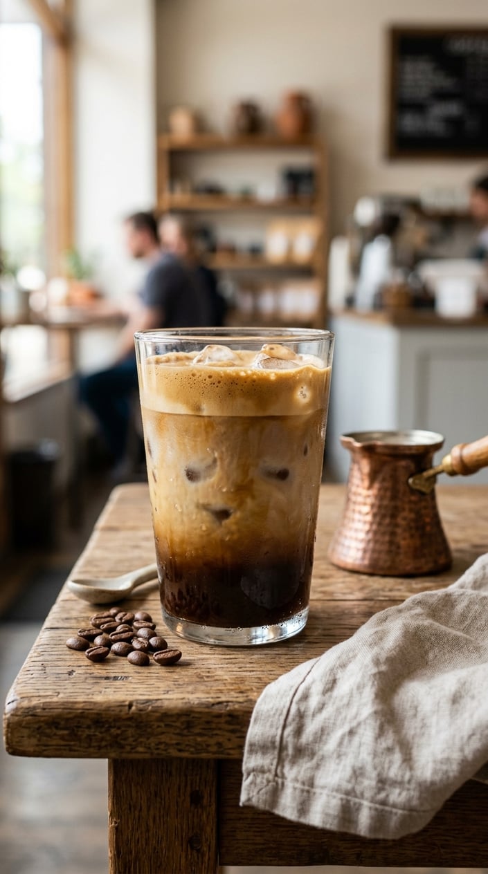 15 Iced Latte Variations That Taste Like a Coffee Shop Splurge 15 A glass of iced Turkish-style coffee latte with a visible foam crema layer resting on top of cold milk and ice, small copper pot and coffee beans blurred in the background on a wooden table.
