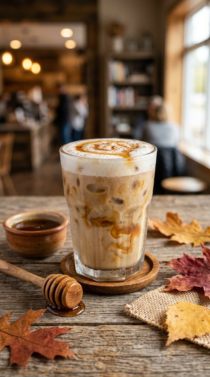 15 Iced Latte Variations That Taste Like a Coffee Shop Splurge 16 A glass of iced maple latte with frothy oat milk, a thin drizzle of dark maple syrup over the top, a small bottle of cocktail bitters and fallen autumn leaves arranged beside it on a wooden table.