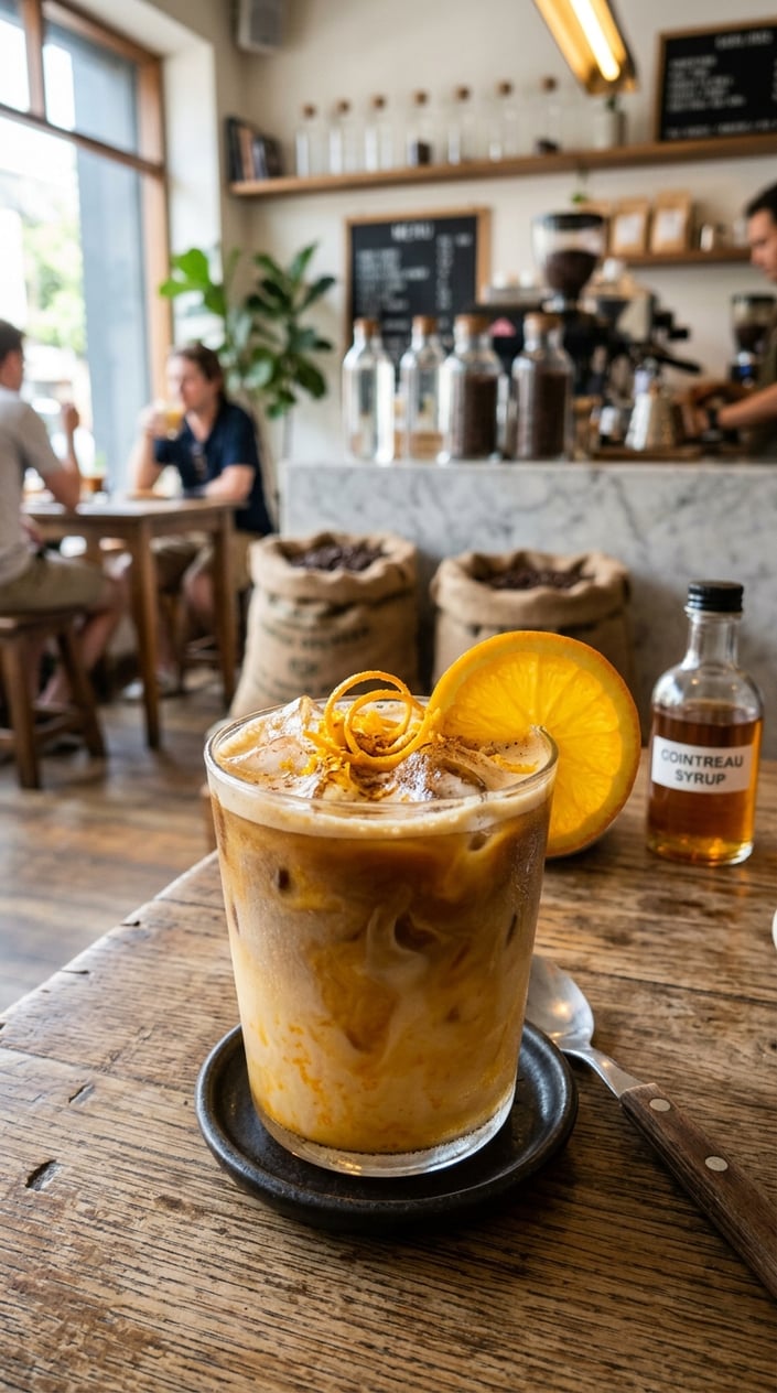 15 Iced Latte Variations That Taste Like a Coffee Shop Splurge 17 A glass of iced latte with a bright orange garnish curled over the rim, milk and espresso layers visible through the glass, grated orange zest dusted across the surface, wooden table in a warm-lit café setting.
