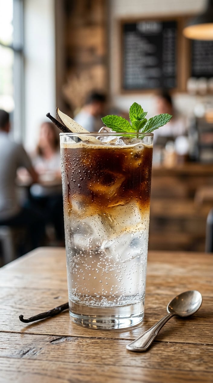 15 Iced Latte Variations That Taste Like a Coffee Shop Splurge 18 A tall glass of iced espresso tonic with visible carbonation bubbles rising through the liquid, dark espresso floating above the tonic water, small black vanilla bean specks in the syrup layer, ice cubes and a lemon twist resting on the wooden table.