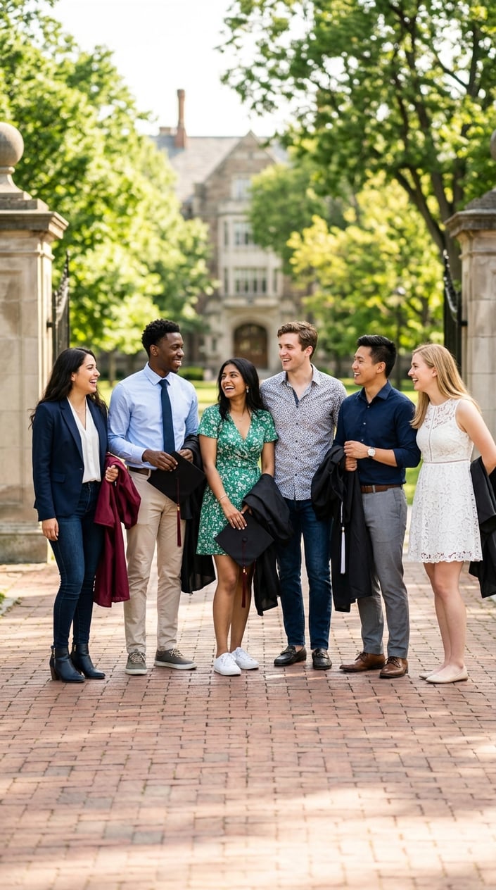 A group of young graduates wearing a variety of stylish outfits under and outside their graduation gowns, standing outdoors on a sunny day, smiling and celebrating.