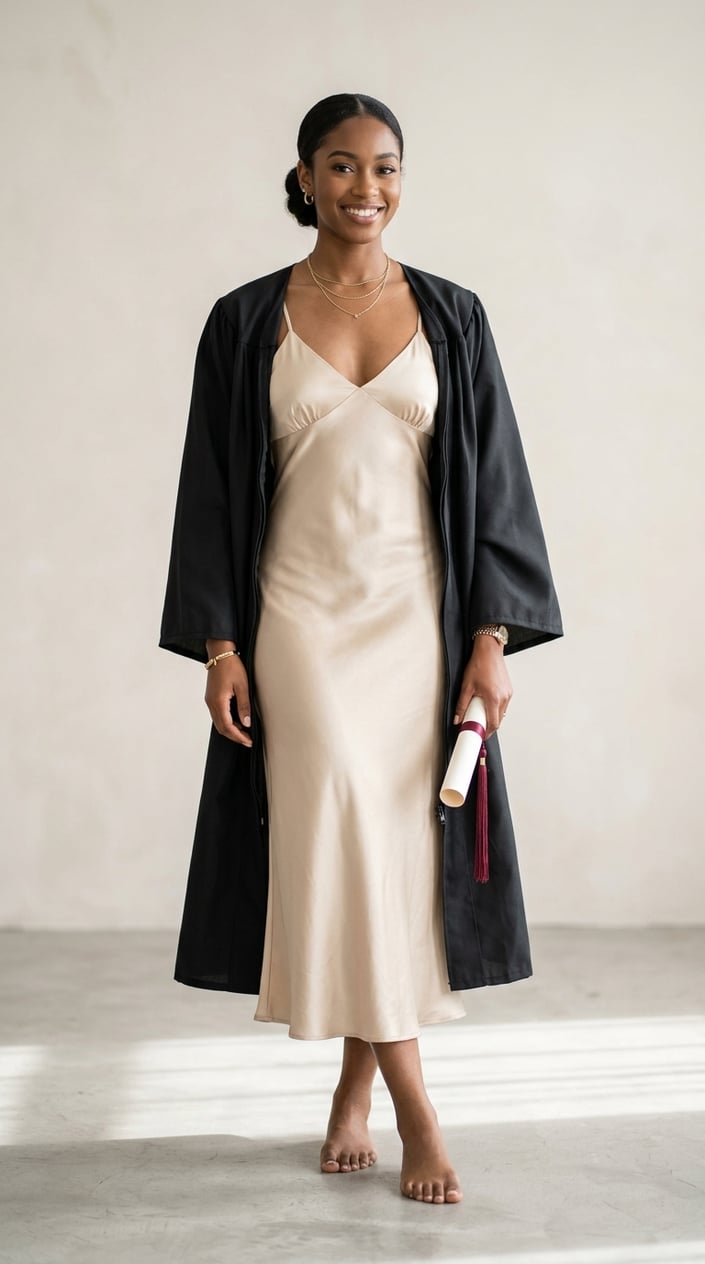 A young woman wearing a champagne silk slip dress layered under a graduation gown, standing confidently in a studio.