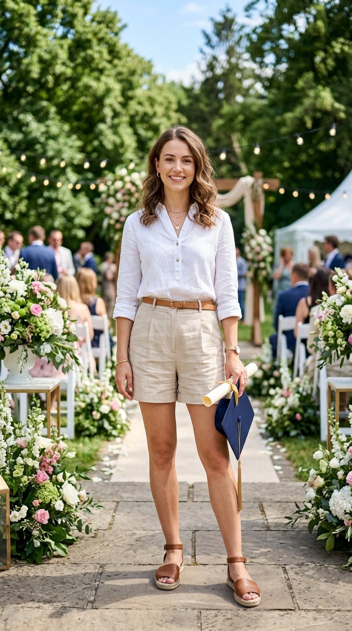 A young woman standing outdoors wearing high-waist tailored shorts and a tucked-in linen blouse at a summer event.
