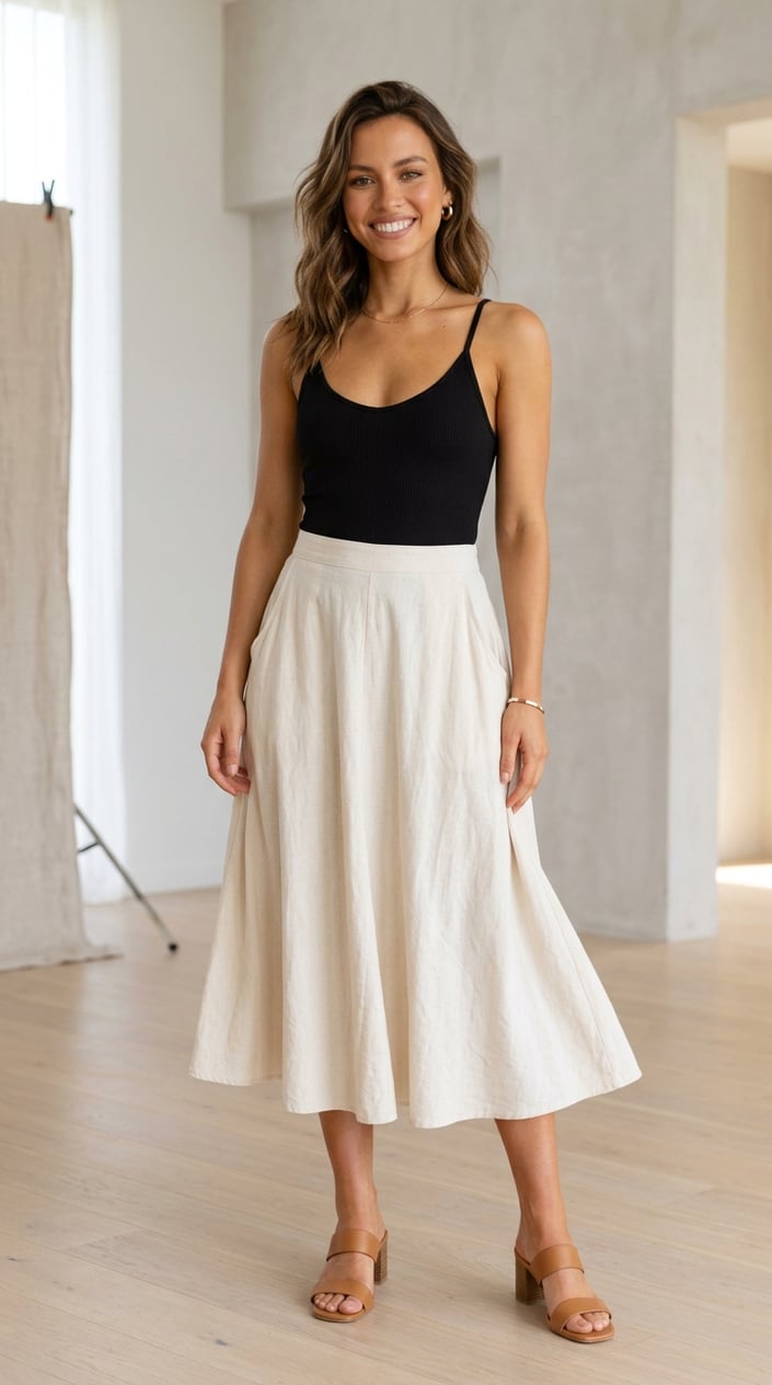 A young woman standing and smiling, wearing a camisole bodysuit and an A-line midi skirt.